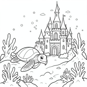 Baby sea turtle exploring a magical underwater castle.