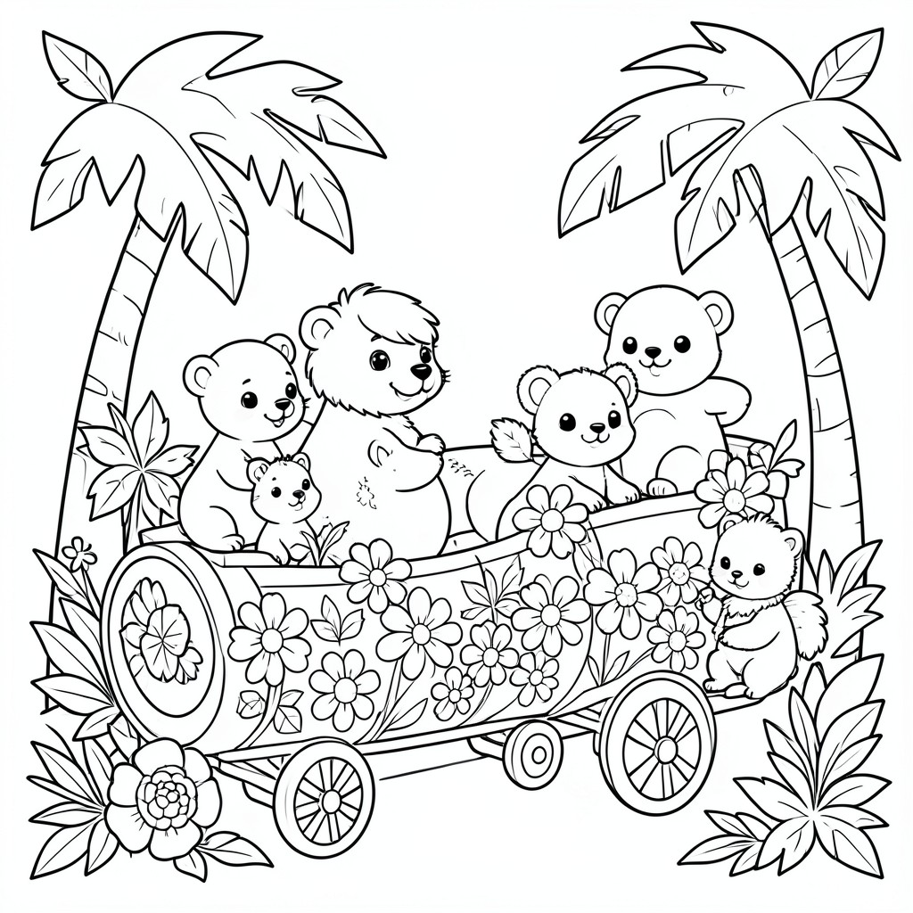 Kawaii jungle animals riding a flower train.