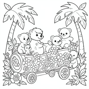 Kawaii jungle animals riding a flower train.