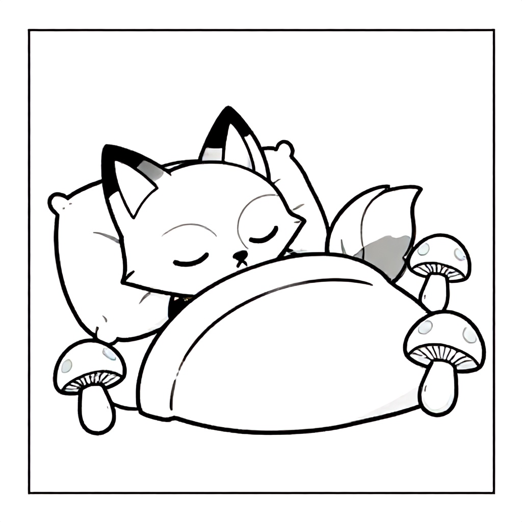 A sleepy fox tucked into bed surrounded by glowing mushrooms.
