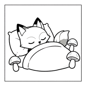 A sleepy fox tucked into bed surrounded by glowing mushrooms.