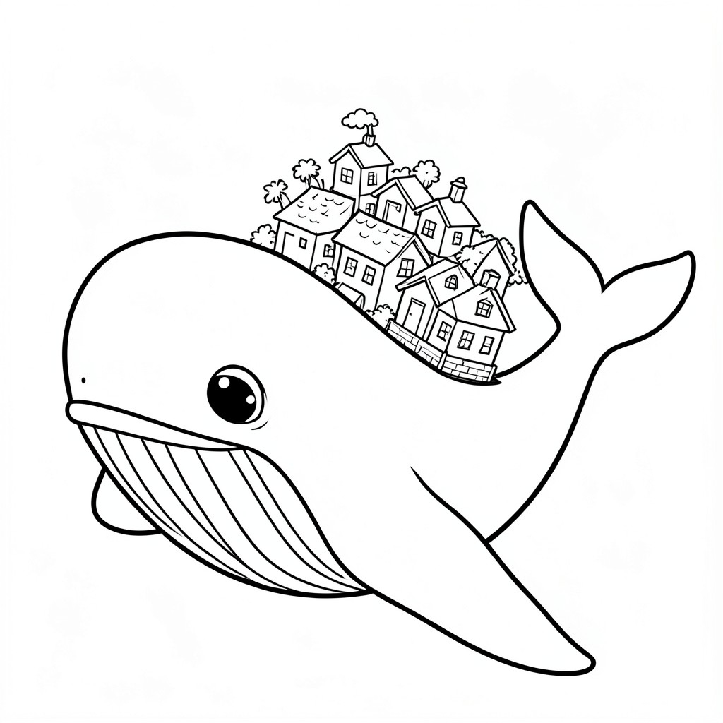 A giant friendly whale carrying a tiny village on its back.