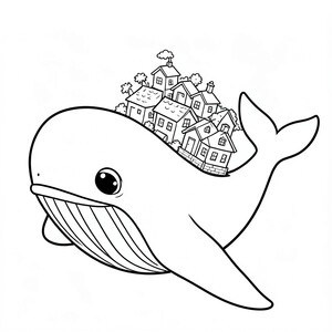 A giant friendly whale carrying a tiny village on its back.