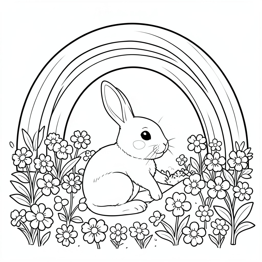 A bunny gardening in a rainbow flower patch.