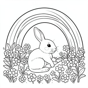 A bunny gardening in a rainbow flower patch.