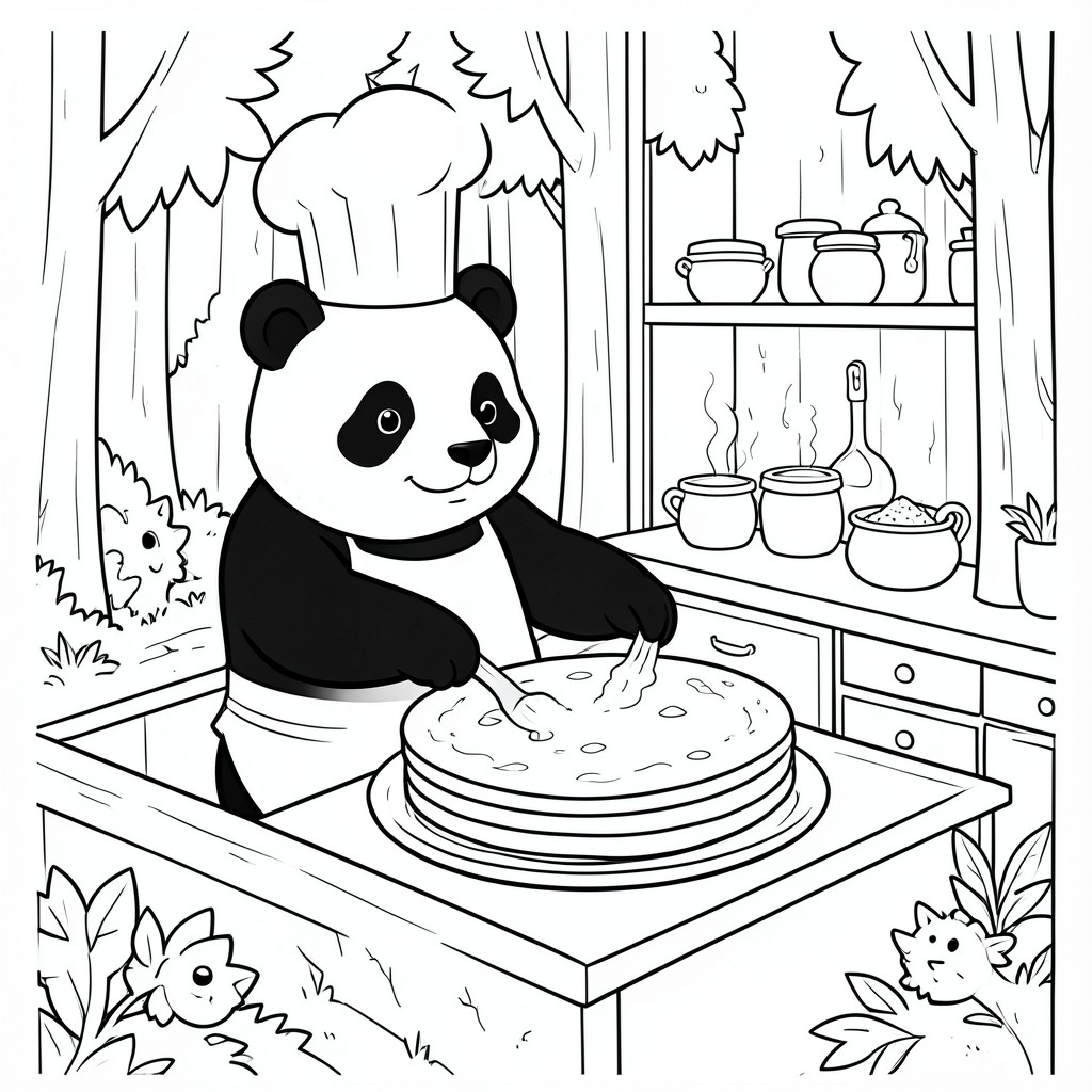 A panda chef cooking giant pancakes in a woodland kitchen.