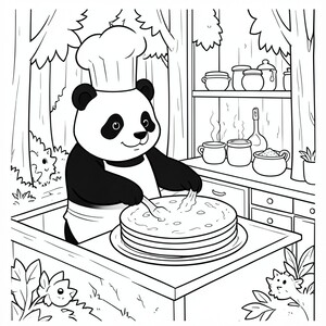 A panda chef cooking giant pancakes in a woodland kitchen.