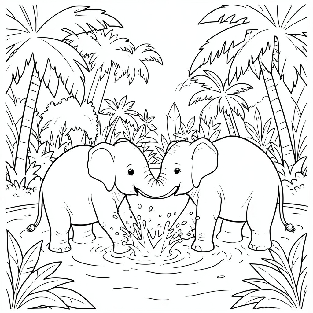 Baby elephants splashing in a jungle water park.