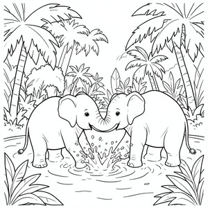 Baby elephants splashing in a jungle water park.