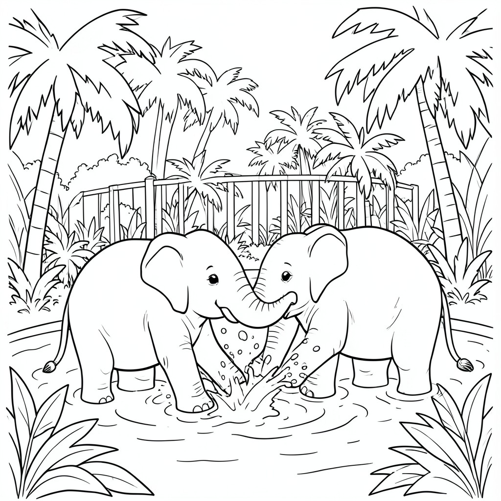 Baby elephants (separate)splashing in a jungle water park.