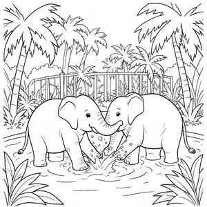 Baby elephants (separate)splashing in a jungle water park.