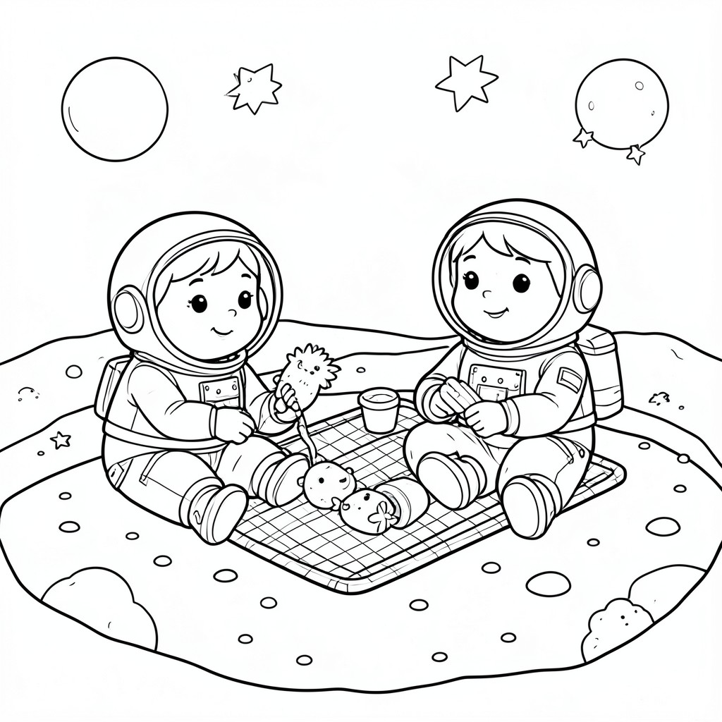 Cute astronauts having a picnic on the moon.