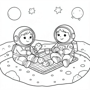 Cute astronauts having a picnic on the moon.