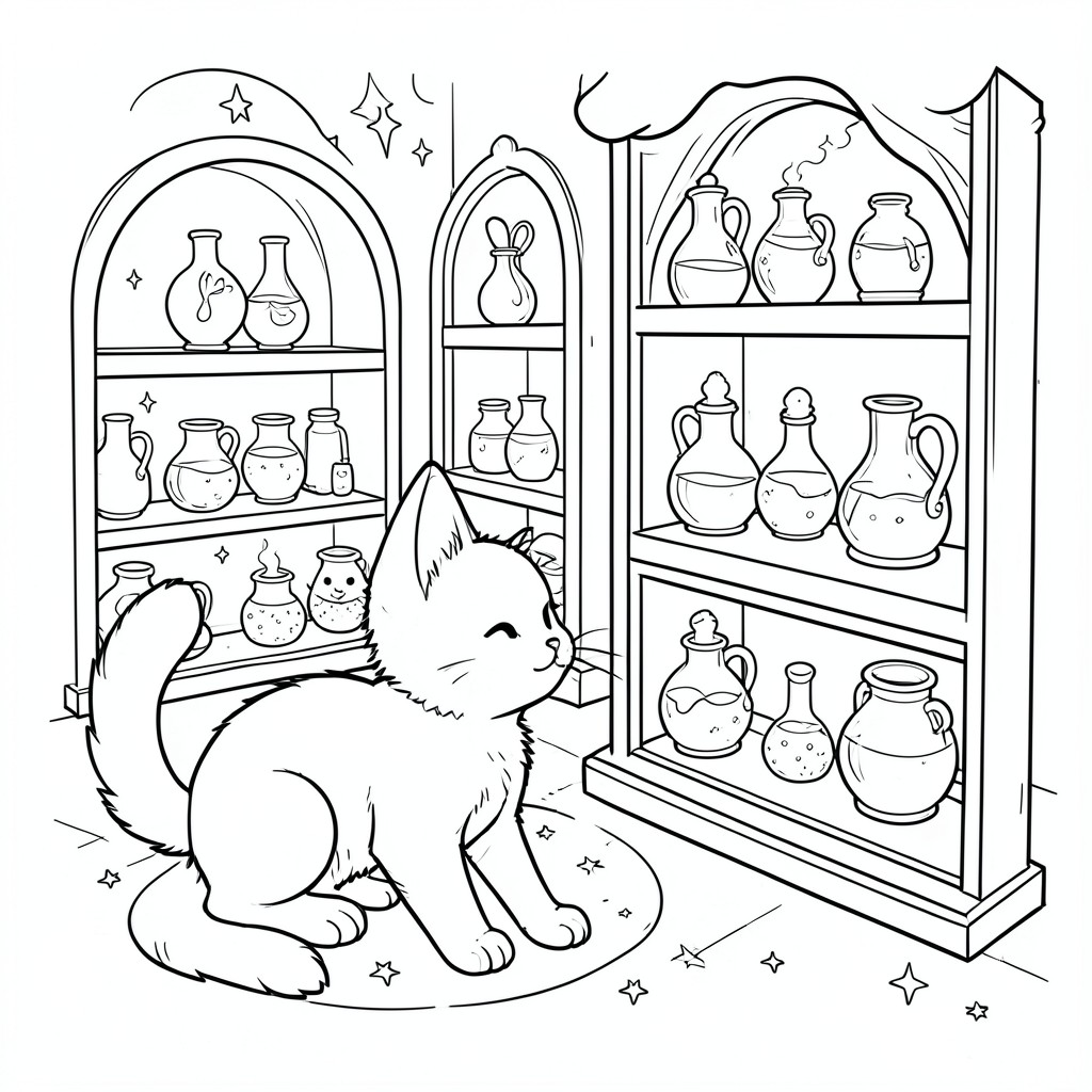 A kitten exploring a magical potion shop.
