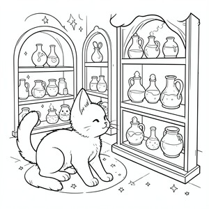 A kitten exploring a magical potion shop.