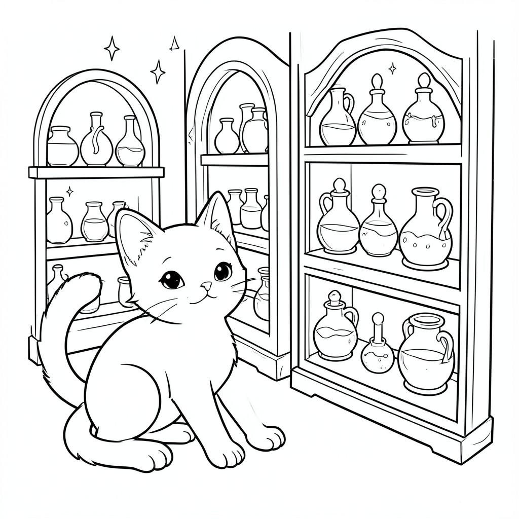 Một chú mèo con (cả hai tai) khám phá một cửa hàng thuốc ma thuật.