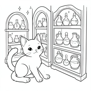 Một chú mèo con (cả hai tai) khám phá một cửa hàng thuốc ma thuật.