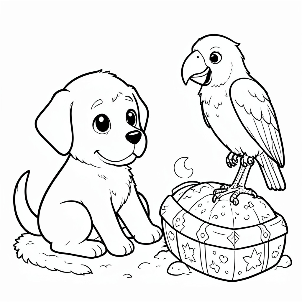 Một chú cướp biển chó con đang tìm kiếm kho báu với một con vẹt.