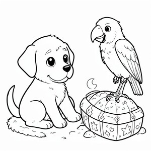 Một chú cướp biển chó con đang tìm kiếm kho báu với một con vẹt.