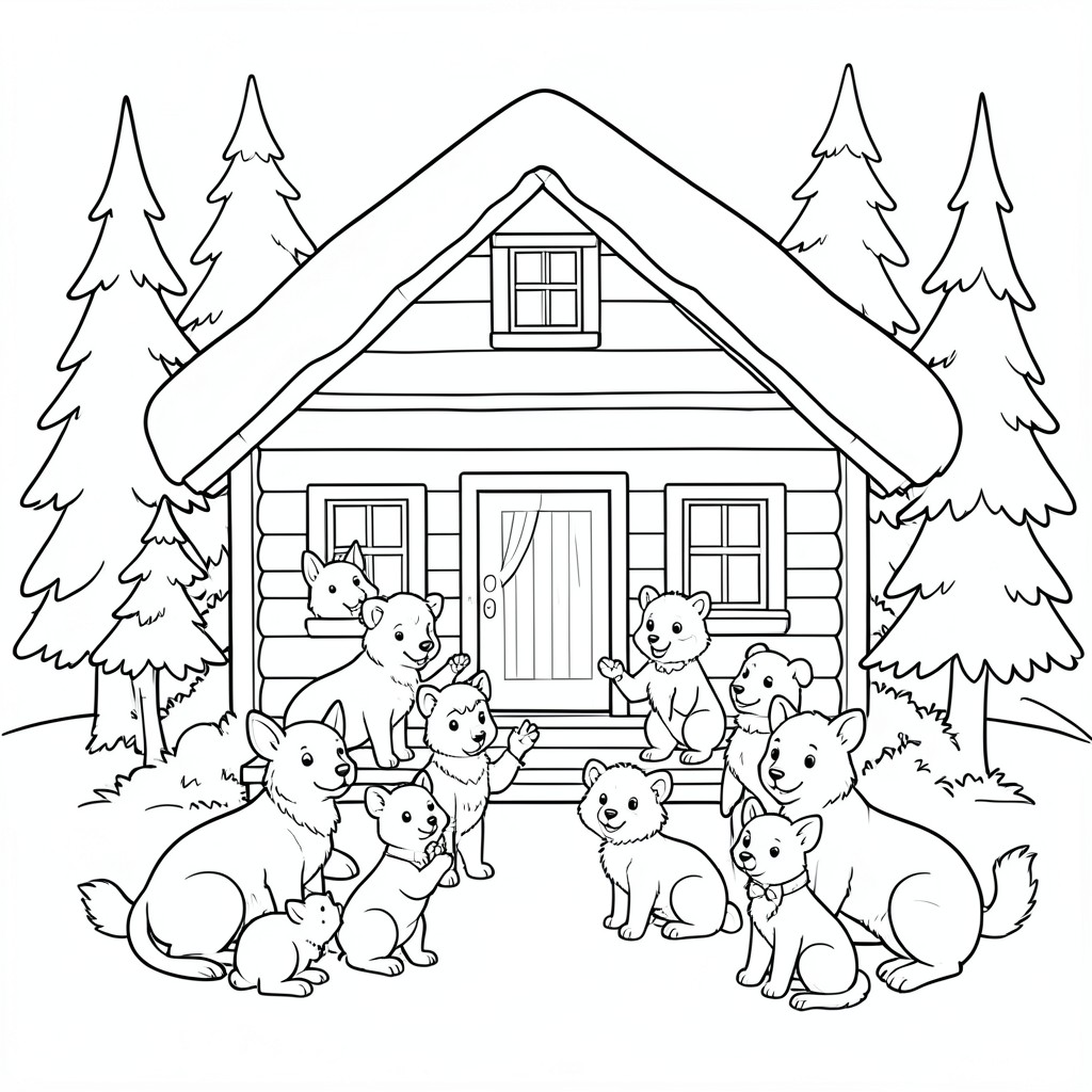 Một cabin mùa đông ấm cúng với các loài động vật trong rừng ăn mừng cùng nhau.