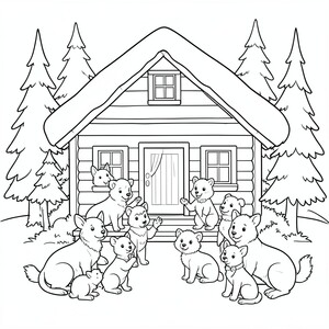 Một cabin mùa đông ấm cúng với các loài động vật trong rừng ăn mừng cùng nhau.