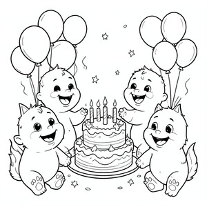 Những con quái vật con tổ chức tiệc sinh nhật với bóng bay và bánh ngọt.