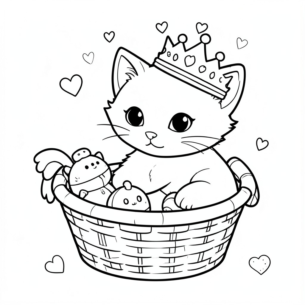 một đĩa tô màu cho mèo con với mẹ trong giỏ và đồ chơi và vương miện trên đầu mèo con có hình trái tim 