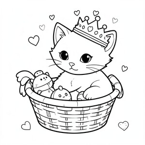 một đĩa tô màu cho mèo con với mẹ trong giỏ và đồ chơi và vương miện trên đầu mèo con có hình trái tim 