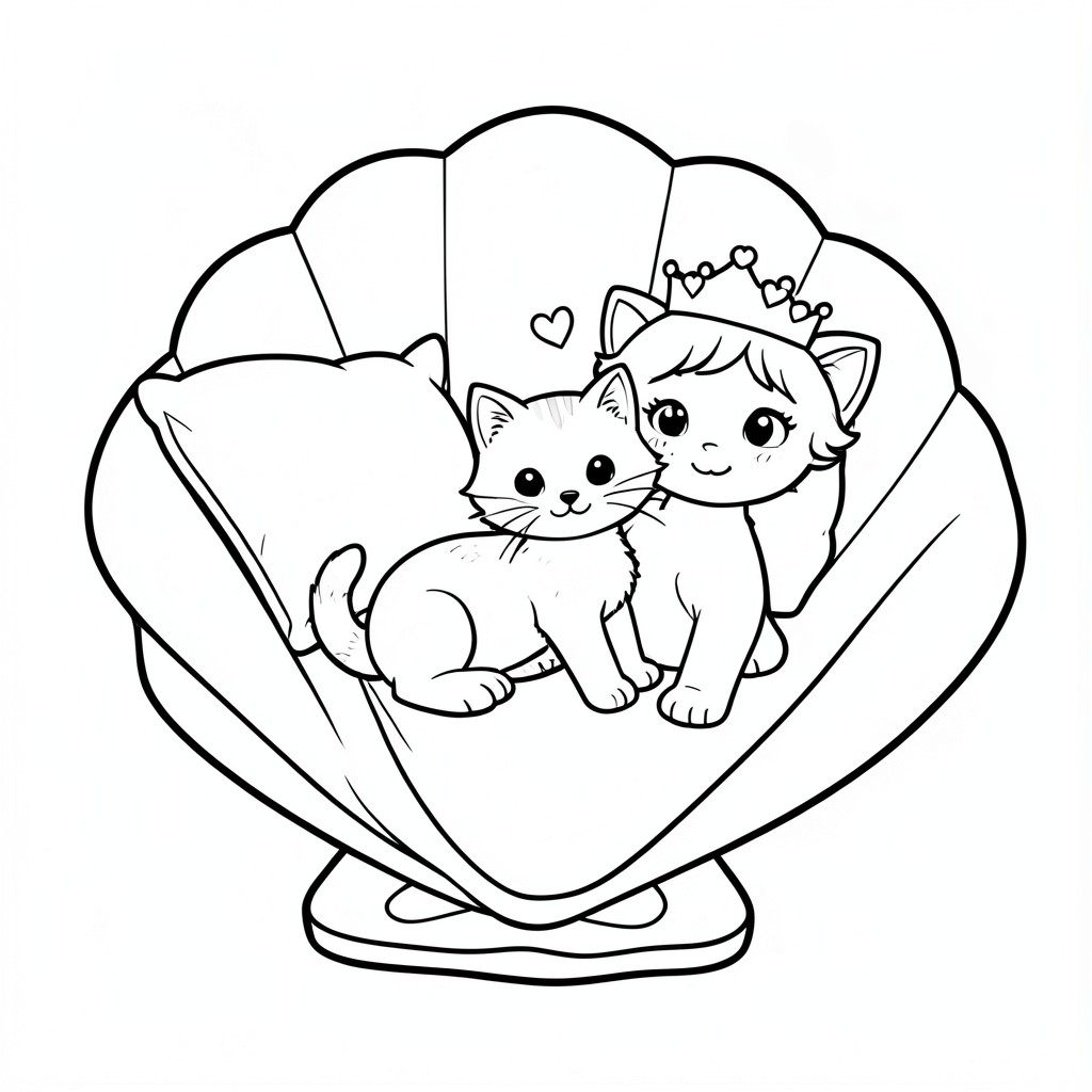 Làm một đĩa tô màu cho trẻ em bằng một cái vỏ lớn có một chiếc gối và trên đó là một con mèo con với một con mèo mẹ và con mèo con có vương miện trên đầu với những trái tim trên đó