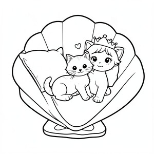 Làm một đĩa tô màu cho trẻ em bằng một cái vỏ lớn có một chiếc gối và trên đó là một con mèo con với một con mèo mẹ và con mèo con có vương miện trên đầu với những trái tim trên đó