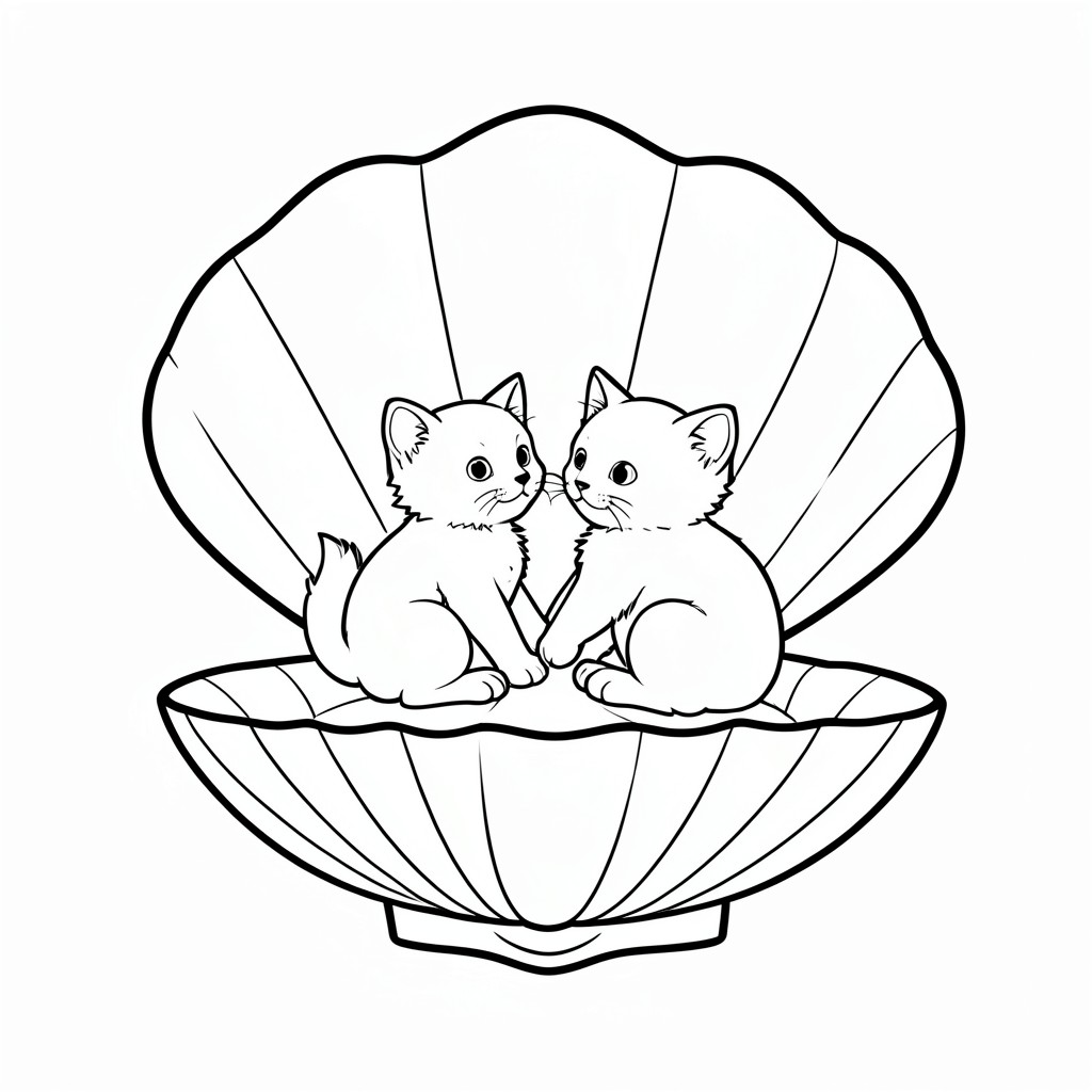 Một cái mai mở ra, có thể nhìn thấy đáy và trên cùng của vỏ nhưng mở ra với một con mèo con và mẹ của nó ngồi bên trong