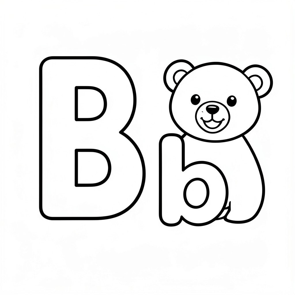 Chữ in hoa "B" và chữ thường "b" với một chú gấu mỉm cười dễ thương bên cạnh, tranh tô màu mầm non đơn giản, đường viền đen đậm dày, hình dạng lớn dễ tô màu, chi tiết tối thiểu, nền trắng, bố cục căn giữa, không đổ bóng, không thang độ xám, không màu, nghệ thuật đường nét kiểu vector, có thể in trên 8,5 x 11 inch, thân thiện với trẻ em, tranh tô màu bảng chữ cái giáo dục.