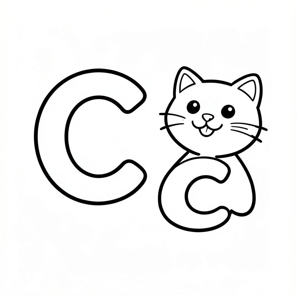 Chữ in hoa "C" và chữ thường "c" với một chú mèo mỉm cười dễ thương bên cạnh, tranh tô màu mầm non đơn giản, đường viền đen đậm dày, hình dạng lớn dễ tô màu, chi tiết tối thiểu, nền trắng, bố cục căn giữa, không đổ bóng, không thang độ xám, không màu, nghệ thuật đường nét kiểu vector, có thể in trên 8,5 x 11 inch, thân thiện với trẻ em, trang tô màu bảng chữ cái giáo dục.