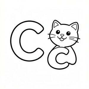 Chữ in hoa "C" và chữ thường "c" với một chú mèo mỉm cười dễ thương bên cạnh, tranh tô màu mầm non đơn giản, đường viền đen đậm dày, hình dạng lớn dễ tô màu, chi tiết tối thiểu, nền trắng, bố cục căn giữa, không đổ bóng, không thang độ xám, không màu, nghệ thuật đường nét kiểu vector, có thể in trên 8,5 x 11 inch, thân thiện với trẻ em, trang tô màu bảng chữ cái giáo dục.