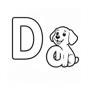 A capital letter "D" and lowercase letter "d" with a cute smiling dog beside them, simple preschool coloring page, thick bold black outlines, large easy-to-color shapes, minimal details, white background, centered composition, no shading, no grayscale, no color, vector-style line art, printable on 8.5 x 11 inches, kid-friendly, educational alphabet coloring page.
