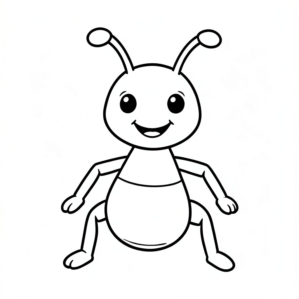 Cute cartoon ant, smiling, full body, simple preschool coloring page, thick bold black outlines, large easy-to-color shapes, minimal details, centered composition, isolated subject, white background, no shading, no grayscale, no color, clean vector-style line art, printable 8.5 x 11 inches, large empty coloring spaces, adorable, high-quality outline.