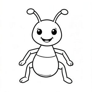 Cute cartoon ant, smiling, full body, simple preschool coloring page, thick bold black outlines, large easy-to-color shapes, minimal details, centered composition, isolated subject, white background, no shading, no grayscale, no color, clean vector-style line art, printable 8.5 x 11 inches, large empty coloring spaces, adorable, high-quality outline.