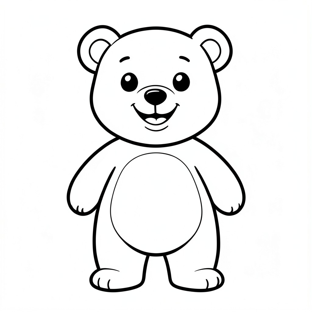 Cute cartoon bear, smiling, full body, simple preschool coloring page, thick bold black outlines, large easy-to-color shapes, minimal details, centered composition, isolated subject, white background, no shading, no grayscale, no color, clean vector-style line art, printable 8.5 x 11 inches, large empty coloring spaces, adorable, high-quality outline.