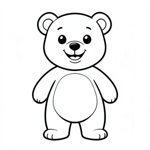 Cute cartoon bear, smiling, full body, simple preschool coloring page, thick bold black outlines, large easy-to-color shapes, minimal details, centered composition, isolated subject, white background, no shading, no grayscale, no color, clean vector-style line art, printable 8.5 x 11 inches, large empty coloring spaces, adorable, high-quality outline.