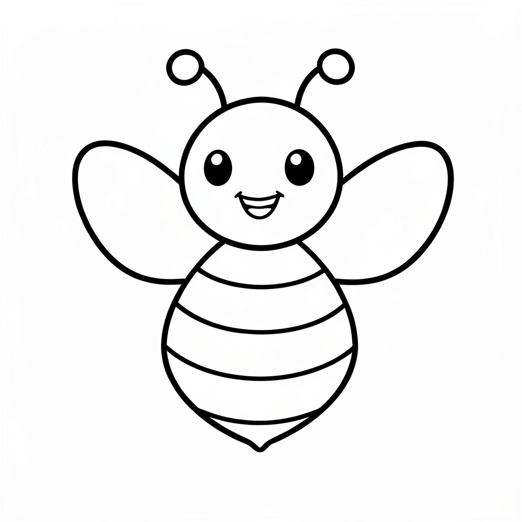 Cute cartoon bee with small wings, smiling, full body, simple preschool coloring page, thick bold black outlines, large easy-to-color shapes, minimal details, centered composition, isolated subject, white background, no shading, no grayscale, no color, clean vector-style line art, printable 8.5 x 11 inches.