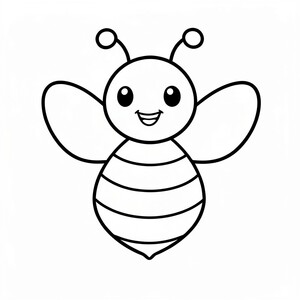 Cute cartoon bee with small wings, smiling, full body, simple preschool coloring page, thick bold black outlines, large easy-to-color shapes, minimal details, centered composition, isolated subject, white background, no shading, no grayscale, no color, clean vector-style line art, printable 8.5 x 11 inches.