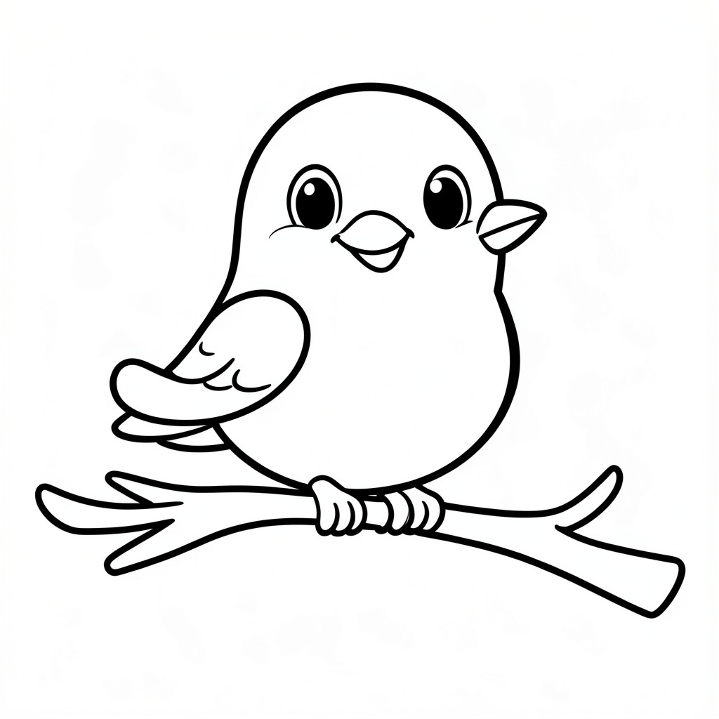 Cute cartoon bird perched on a small branch, smiling, simple preschool coloring page, thick bold black outlines, large easy-to-color shapes, minimal details, centered composition, white background, no shading, no grayscale, no color, clean vector-style line art, printable 8.5 x 11 inches.