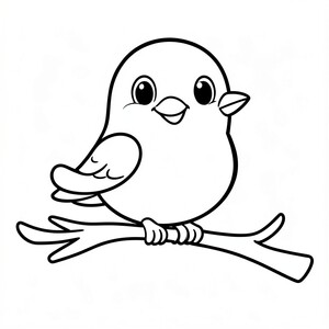Cute cartoon bird perched on a small branch, smiling, simple preschool coloring page, thick bold black outlines, large easy-to-color shapes, minimal details, centered composition, white background, no shading, no grayscale, no color, clean vector-style line art, printable 8.5 x 11 inches.