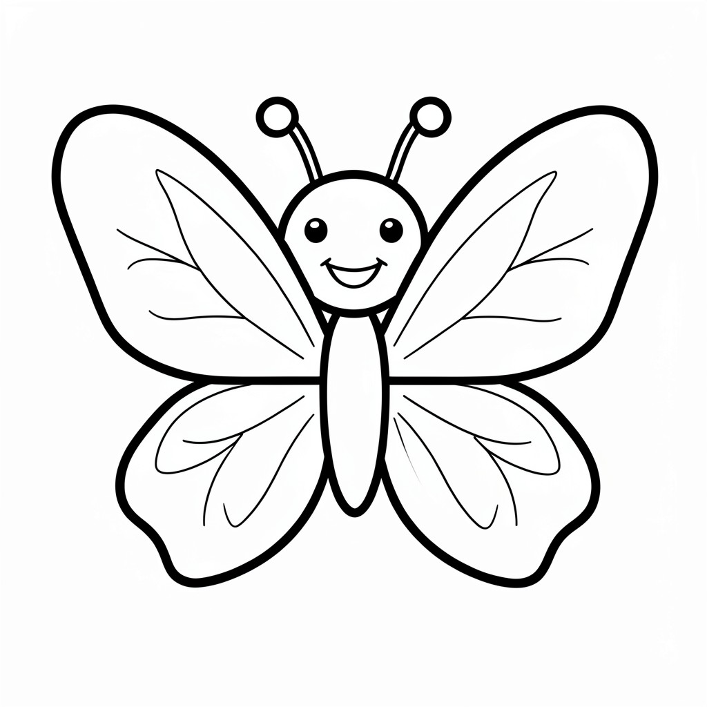 Cute cartoon butterfly with large simple wings, smiling, simple preschool coloring page, thick bold black outlines, large easy-to-color shapes, minimal wing patterns, centered composition, white background, no shading, no grayscale, no color, clean vector-style line art.