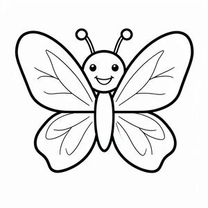 Cute cartoon butterfly with large simple wings, smiling, simple preschool coloring page, thick bold black outlines, large easy-to-color shapes, minimal wing patterns, centered composition, white background, no shading, no grayscale, no color, clean vector-style line art.