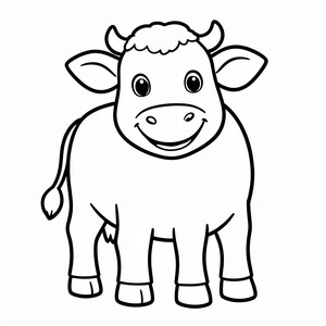 Cute cartoon cow standing, smiling, simple preschool coloring page, thick bold black outlines, large easy-to-color shapes, minimal details, centered composition, white background, no shading, no grayscale, no color, clean vector-style line art.