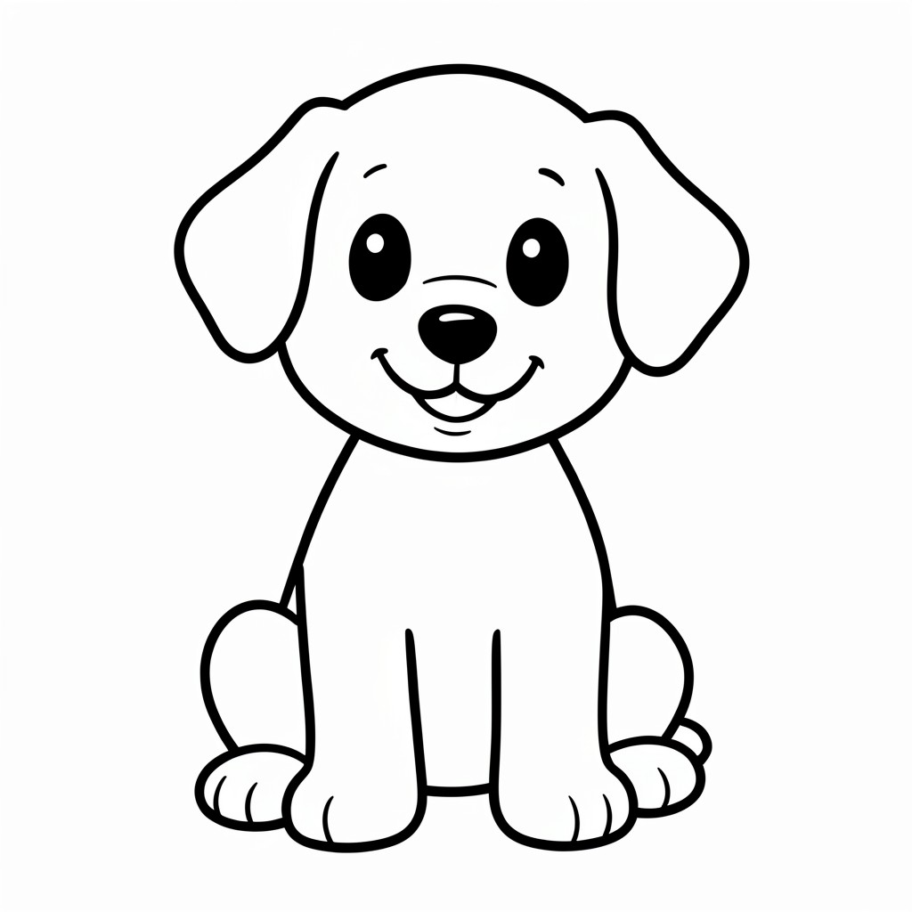 Chú chó con hoạt hình dễ thương ngồi, mỉm cười, tai mềm, tranh tô màu mầm non đơn giản, đường viền đen đậm dày, hình dạng lớn dễ tô màu, chi tiết tối thiểu, bố cục căn giữa, nền trắng, không đổ bóng, không thang độ xám, không màu.