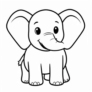 Voi hoạt hình dễ thương với đôi tai to và thân nhô cao, mỉm cười, tranh tô màu mầm non đơn giản, đường viền đen đậm dày, hình dạng lớn dễ tô màu, chi tiết tối thiểu, bố cục căn giữa, nền trắng, không đổ bóng, không thang độ xám, không màu.