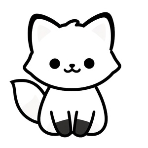 Cáo hoạt hình dễ thương ngồi, đuôi bồng bềnh, mỉm cười, tranh tô màu mầm non đơn giản, đường viền đen đậm dày, hình dạng lớn dễ tô màu, chi tiết tối thiểu, nền trắng, không đổ bóng, không thang độ xám, không màu.