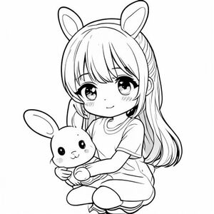 Cô gái anime kawaii ôm một chú thỏ sang trọng